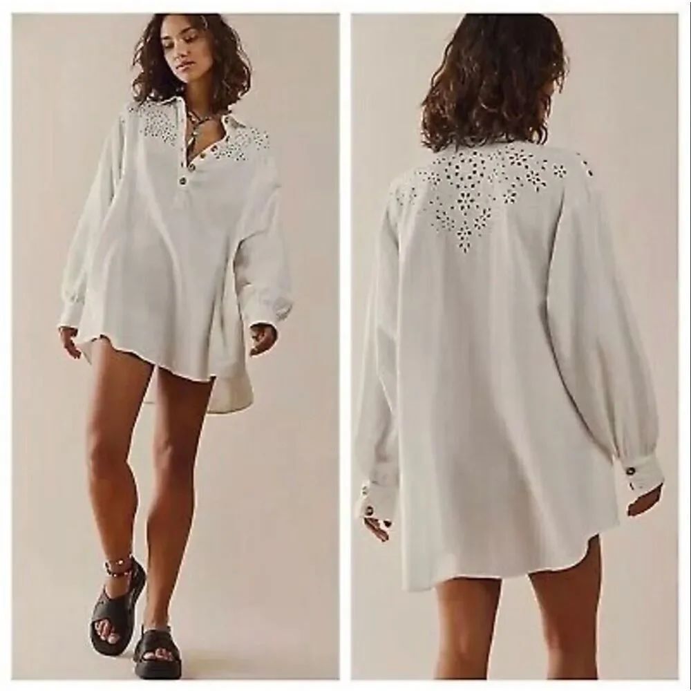 NWOT Free People Vera Eyelet Lace Oversized Bohemian Linen Blend Shirt Dress S
